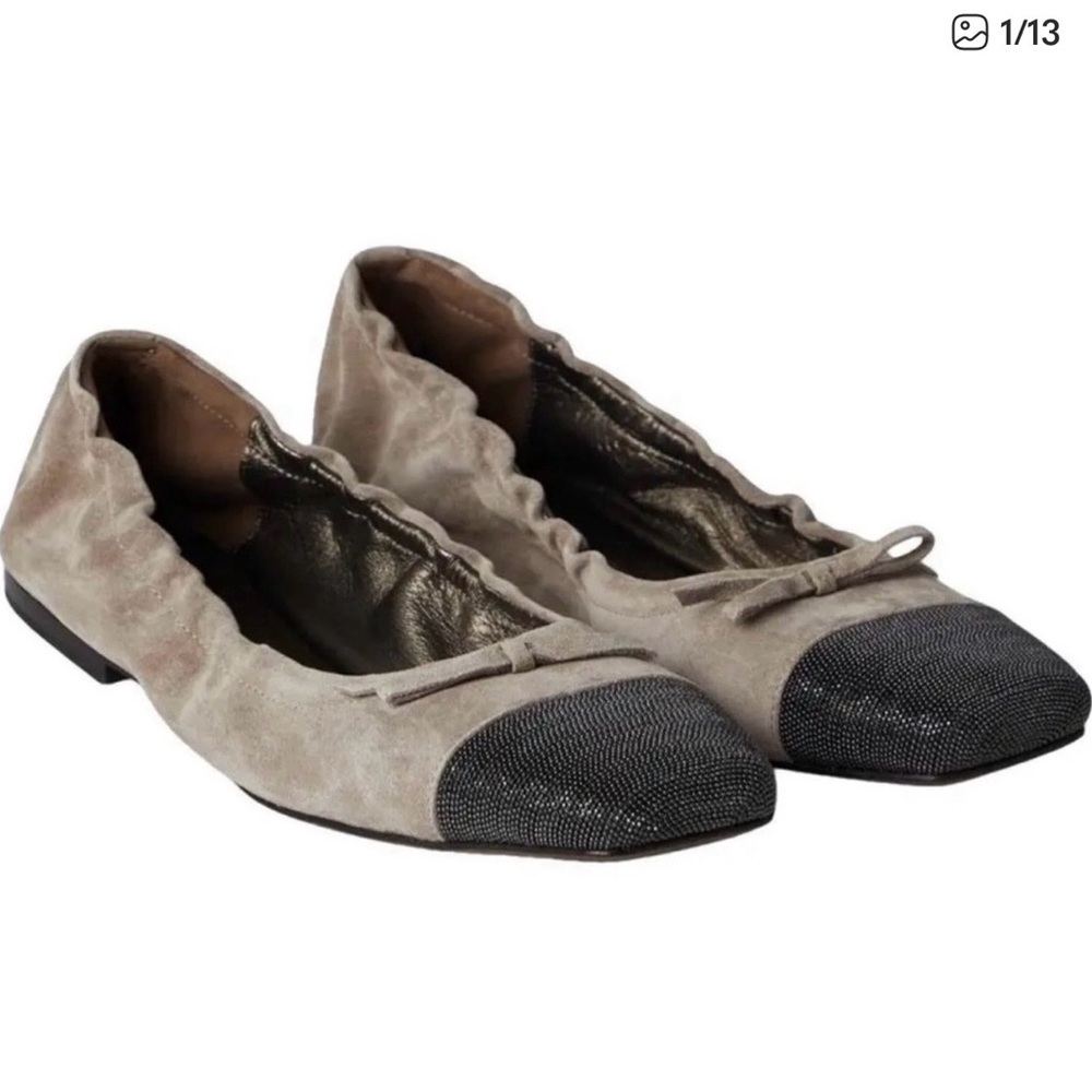 Brunello Cucinelli Suede Ballet Flats with Monili cap toe and bow Size 39.5 - Picture 2 of 12